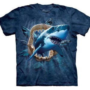 The Mountain Shark Attack Great White Tiger Teeth Sharks Fish Blue Shirt S